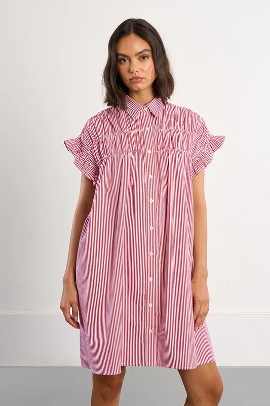 Smocked Cotton Shirt Dress - Red Stripe