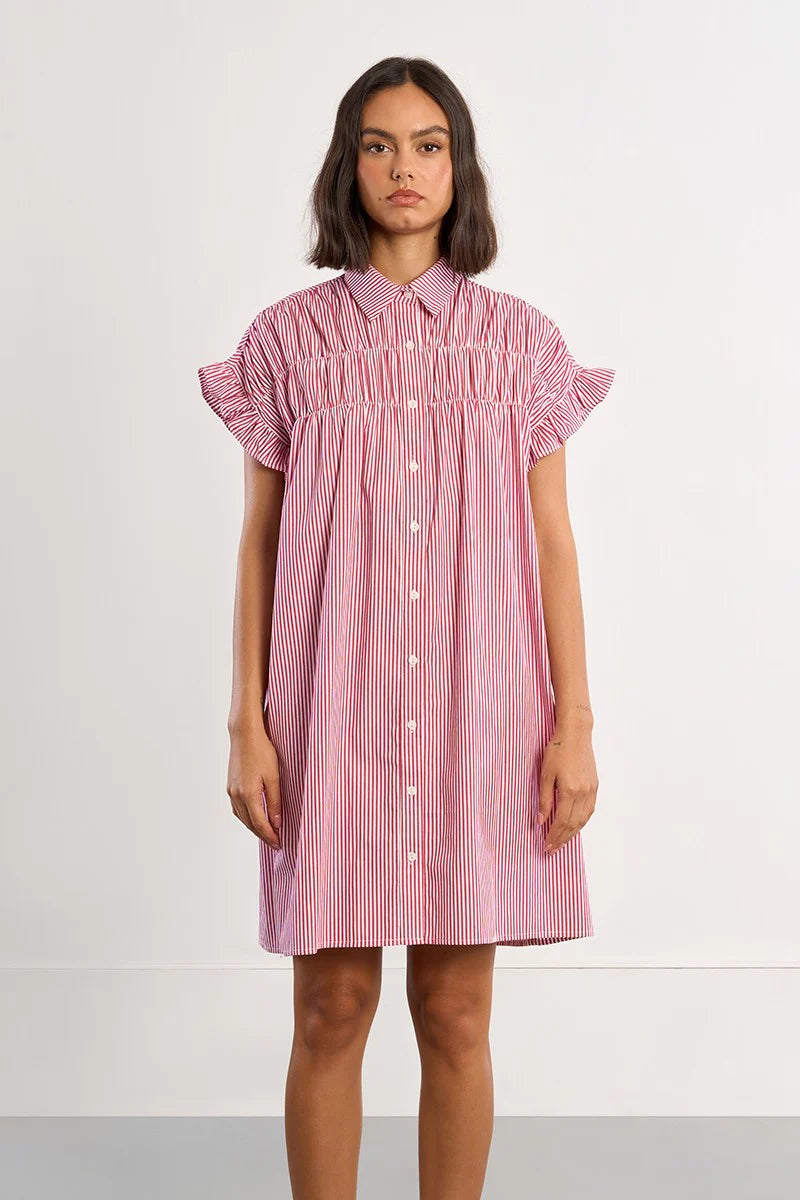 Smocked Cotton Shirt Dress - Red Stripe