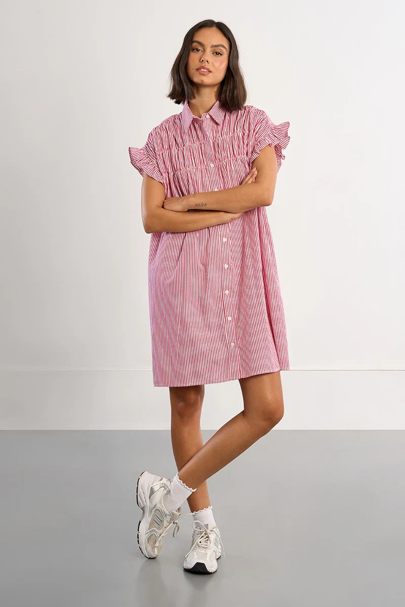 Smocked Cotton Shirt Dress - Red Stripe