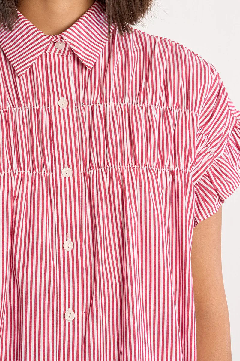 Smocked Cotton Shirt Dress - Red Stripe