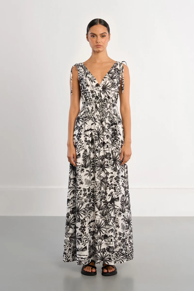 Tropical Print Smocked Maxi Dress