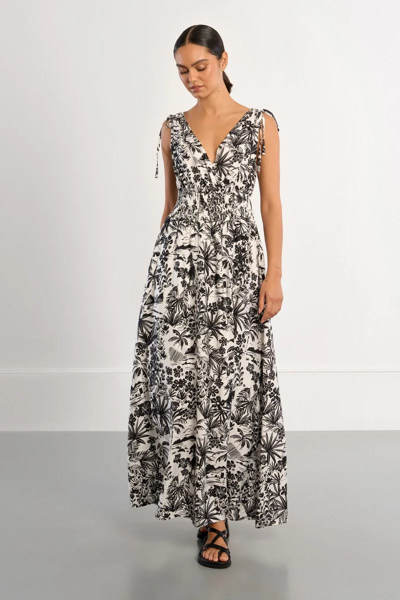 Tropical Print Smocked Maxi Dress