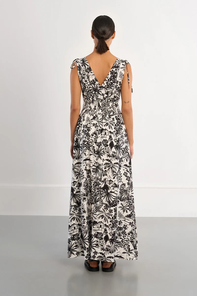 Tropical Print Smocked Maxi Dress
