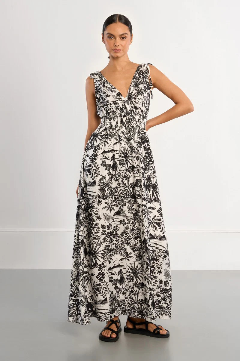 Tropical Print Smocked Maxi Dress