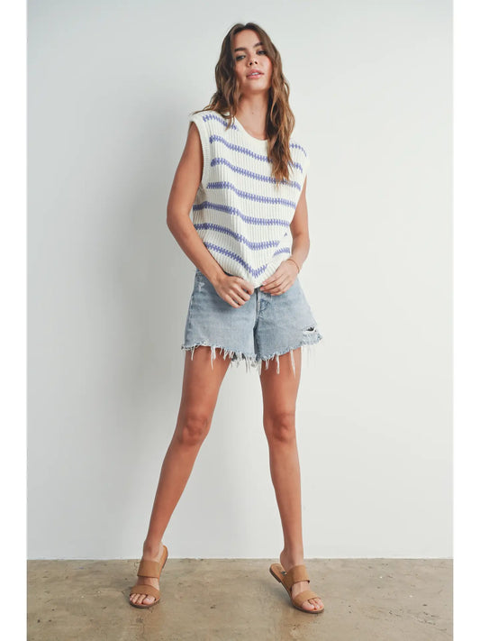 Crew Neck Striped Knit Tank Top - Ivory/Lavender