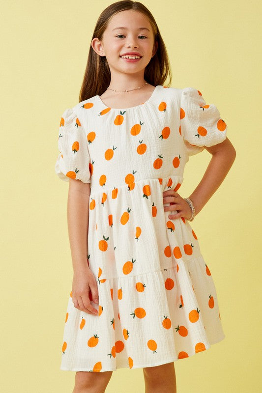 Orange Print Ruffle Sleeve Dress