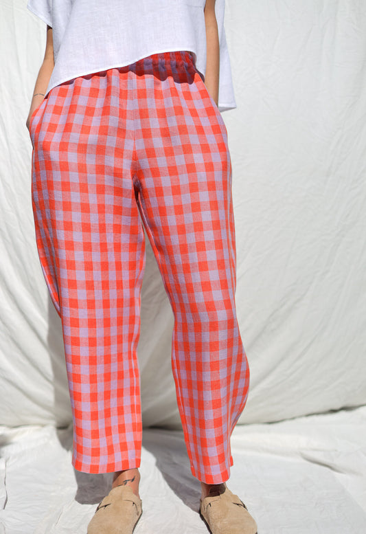 Checkered Linen Balloon Trousers VIVIAN - Coral Check