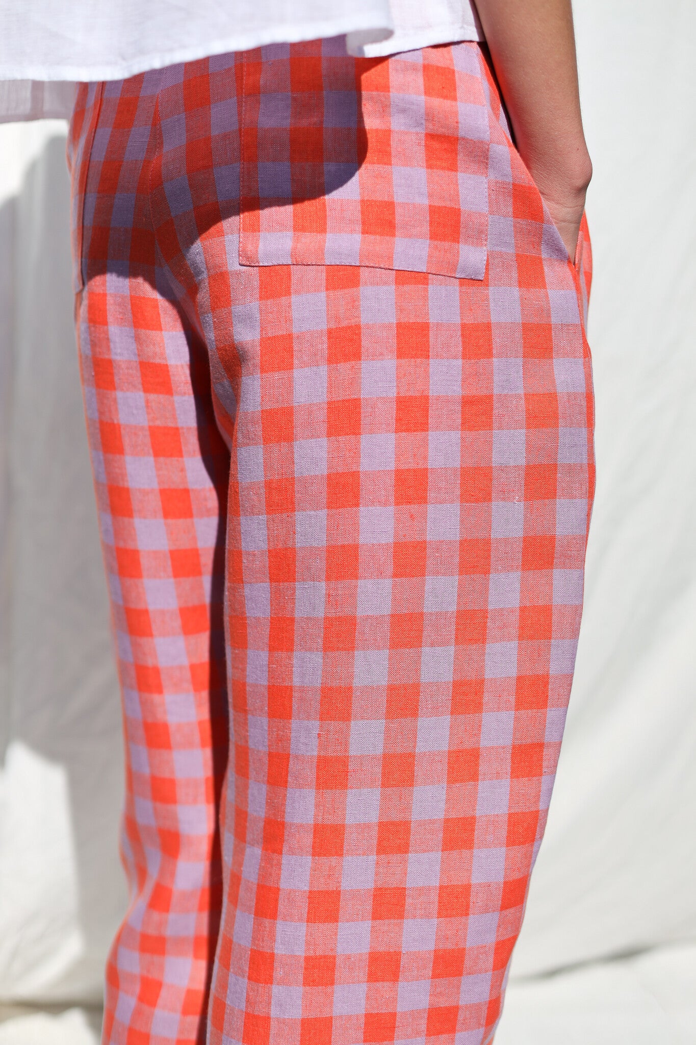 Checkered Linen Balloon Trousers VIVIAN - Coral Check
