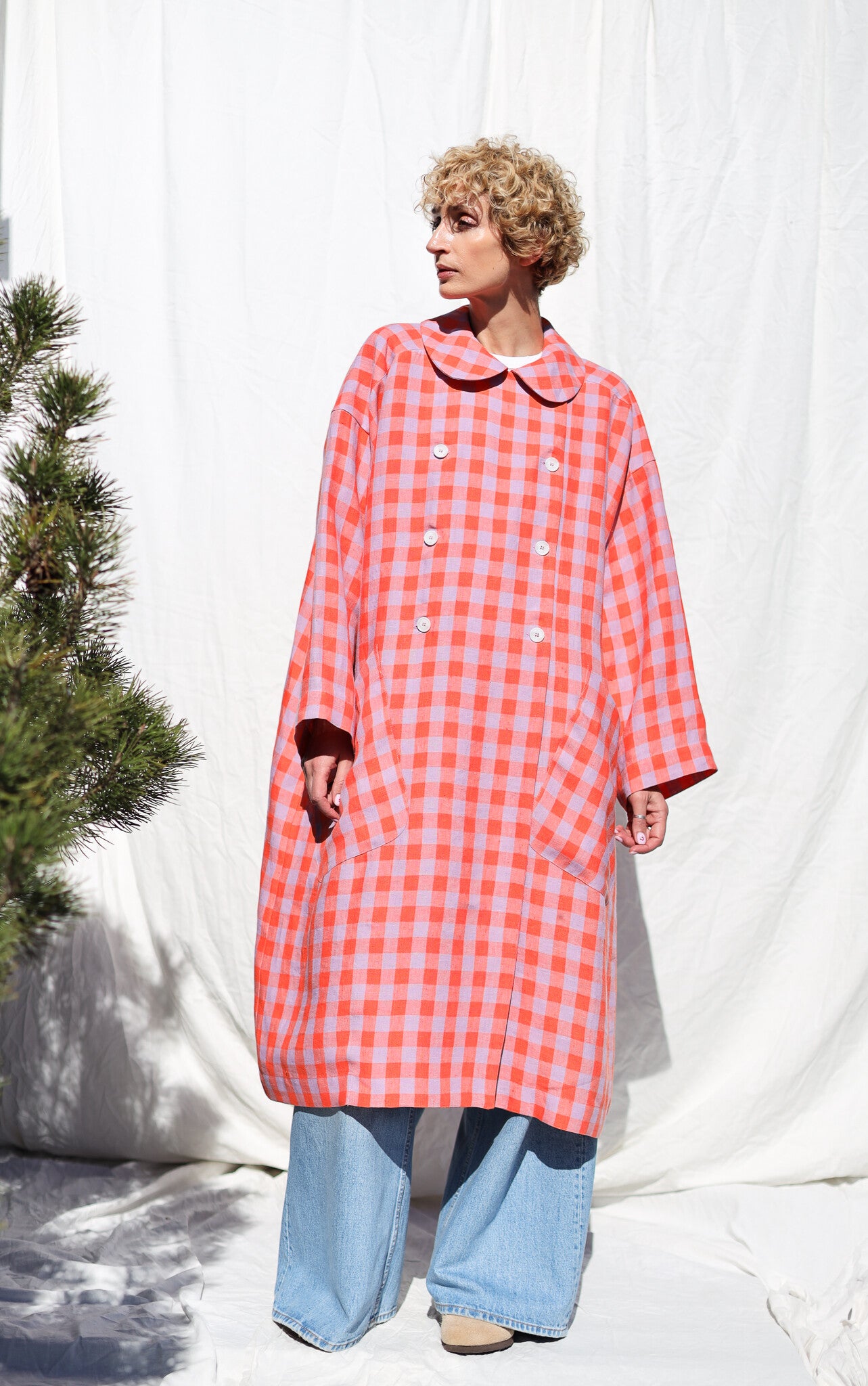 Double Breasted Linen Oversized Coat - Coral/Hort Checks