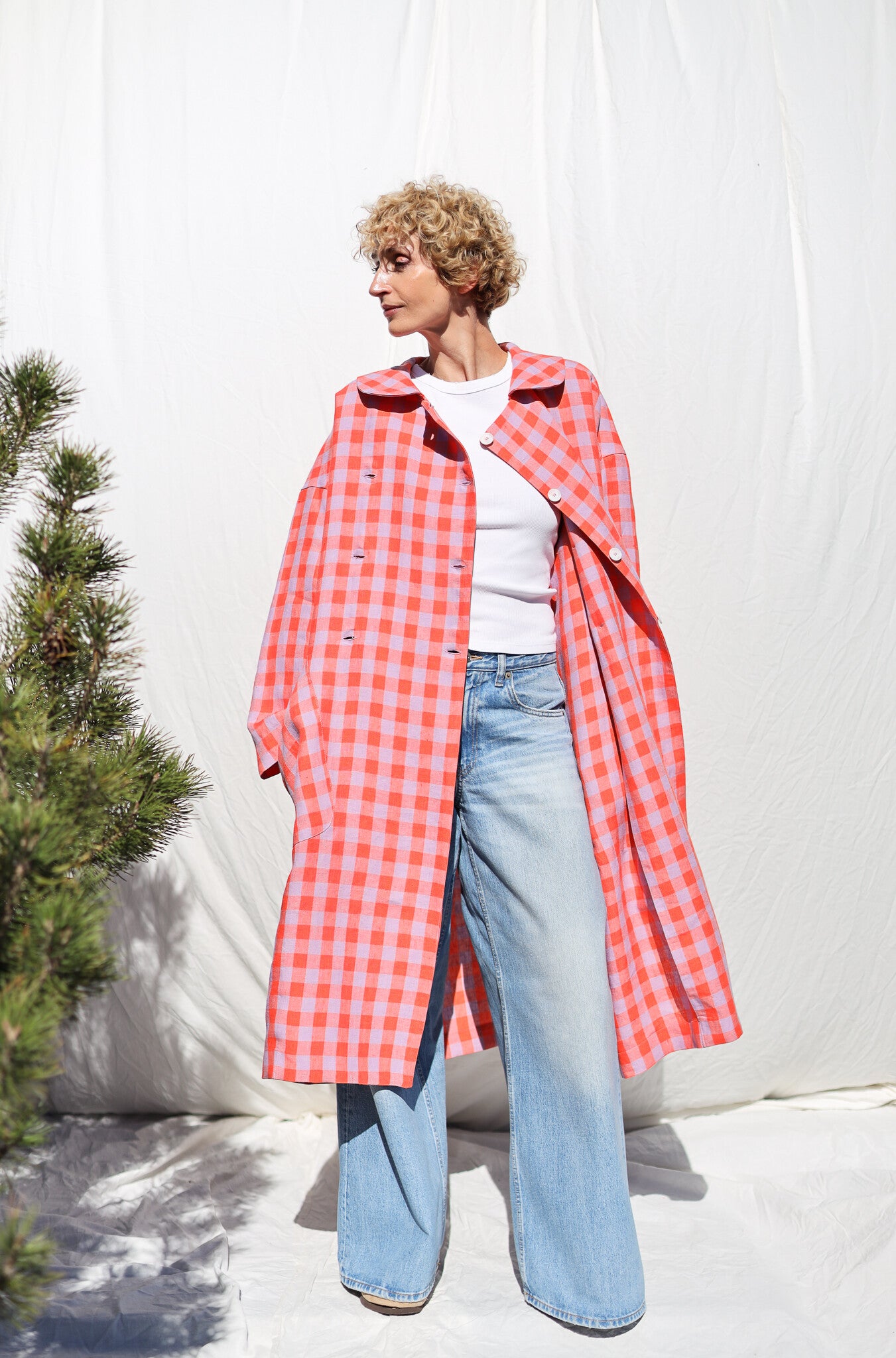 Double Breasted Linen Oversized Coat - Coral/Hort Checks