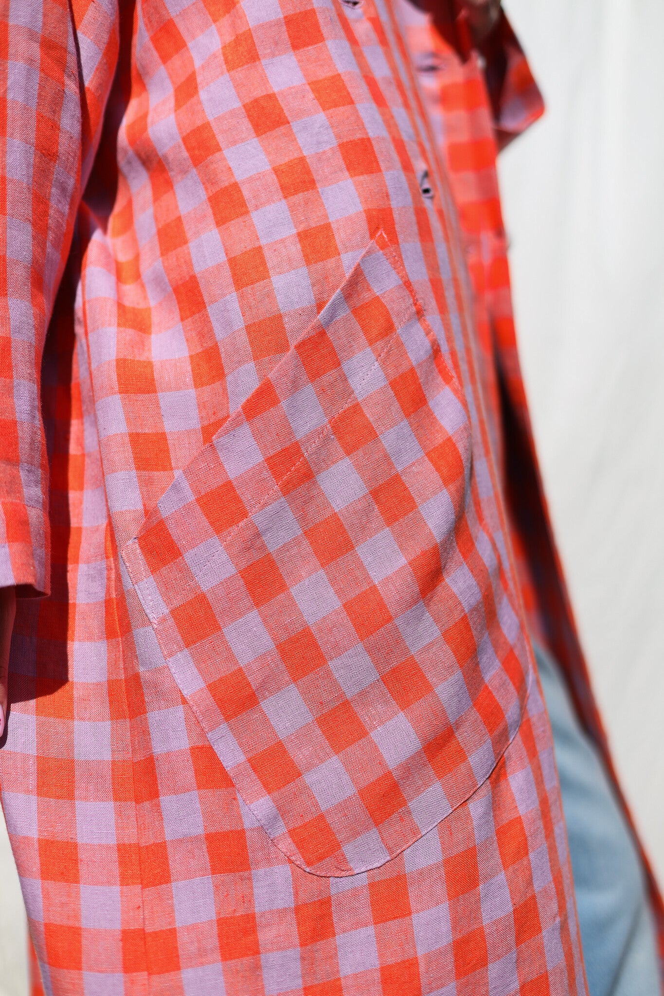 Double Breasted Linen Oversized Coat - Coral/Hort Checks