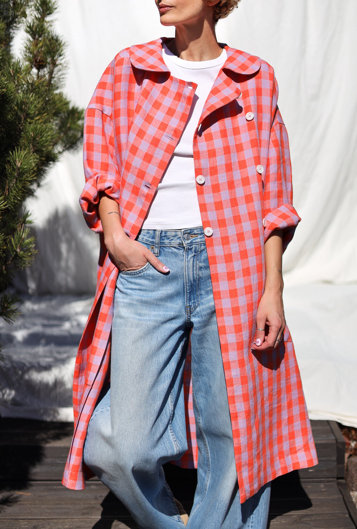 Double Breasted Linen Oversized Coat - Coral/Hort Checks