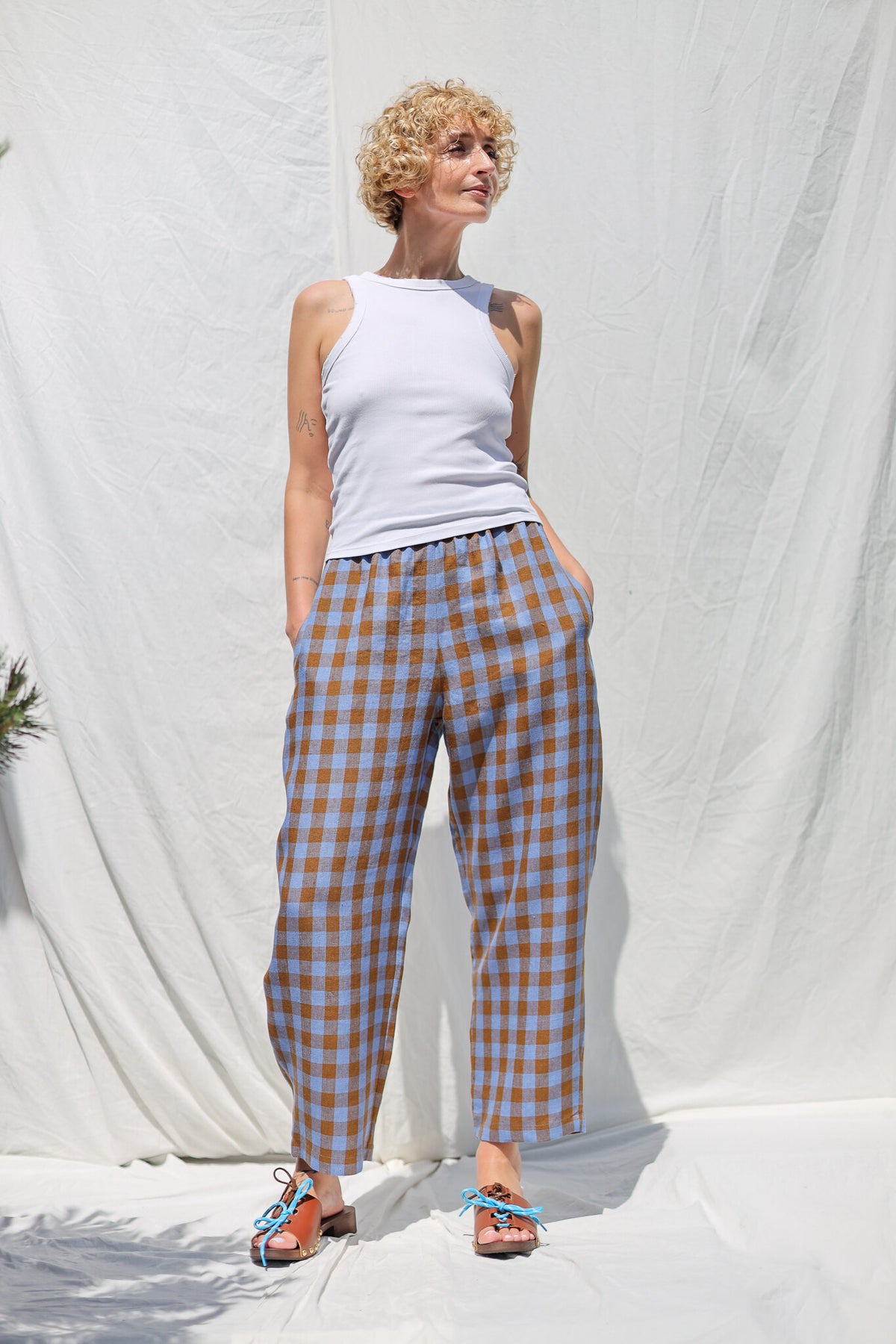 Checkered Linen Balloon Trousers VIVIAN - Blue Bonnet Check