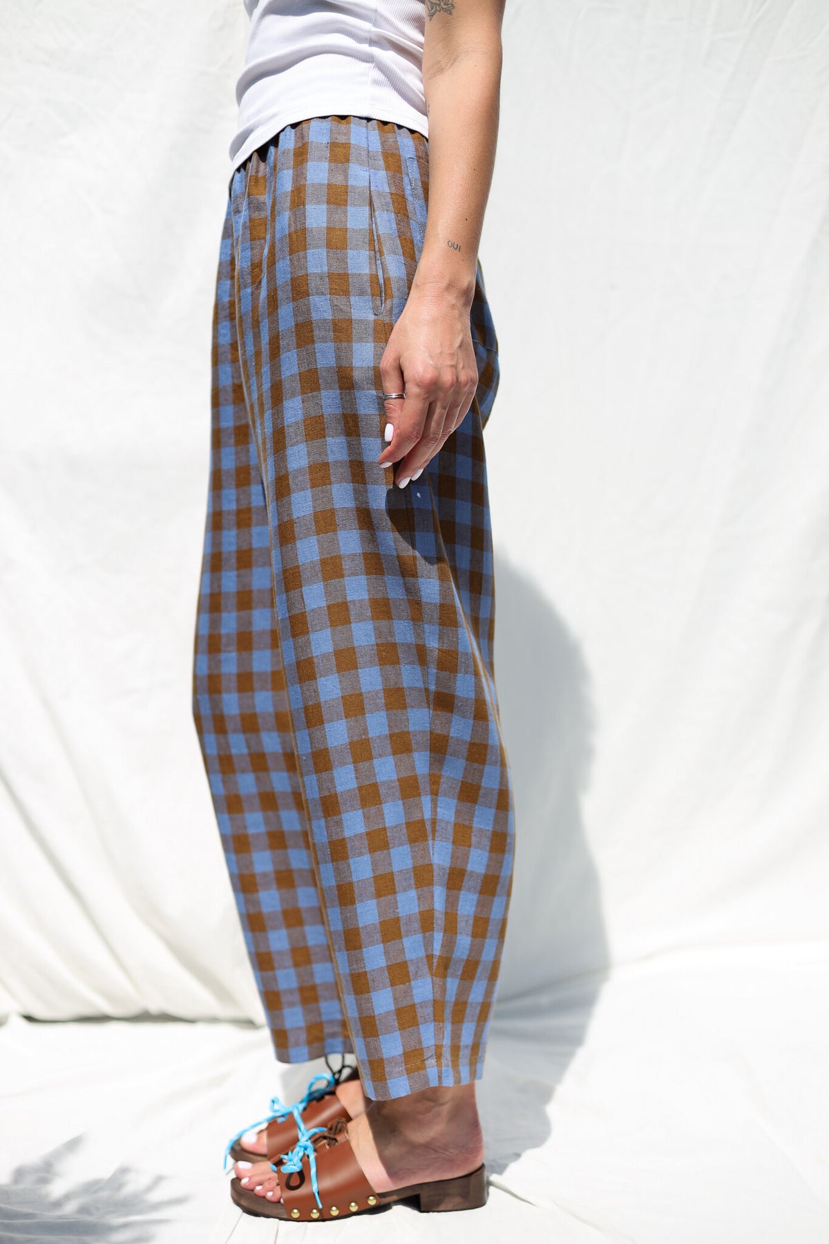Checkered Linen Balloon Trousers VIVIAN - Blue Bonnet Check