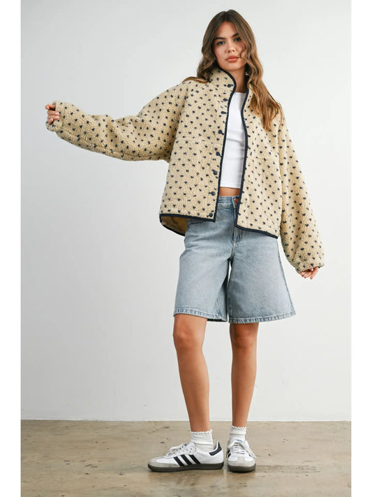 High Pile Fleece Puffer Jacket - Taupe/Navy