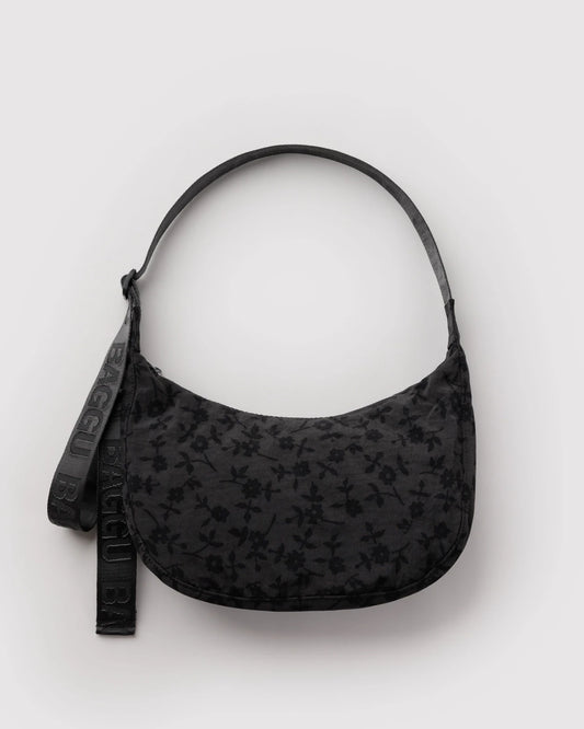 Medium Nylon Baggu Crescent Bag - Charcoal Ditsy Floral
