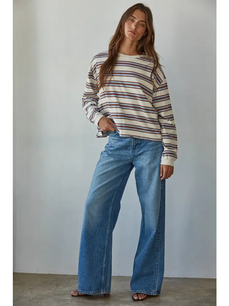Long Sleeve Multicolor Stripe Crew Neck