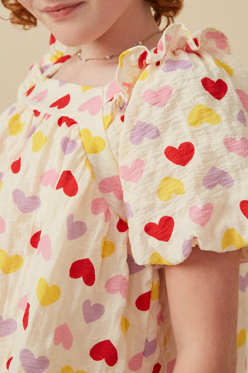 Girls Textured Ruffle Detail Heart Print Top