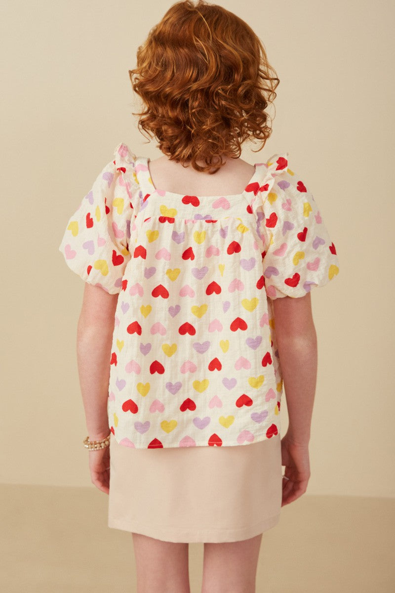 Girls Textured Ruffle Detail Heart Print Top