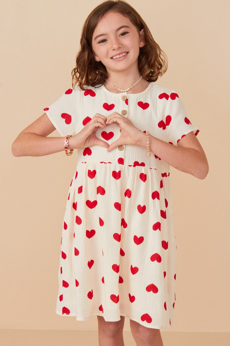 Girls Heart Print Textured Button Detail Dress