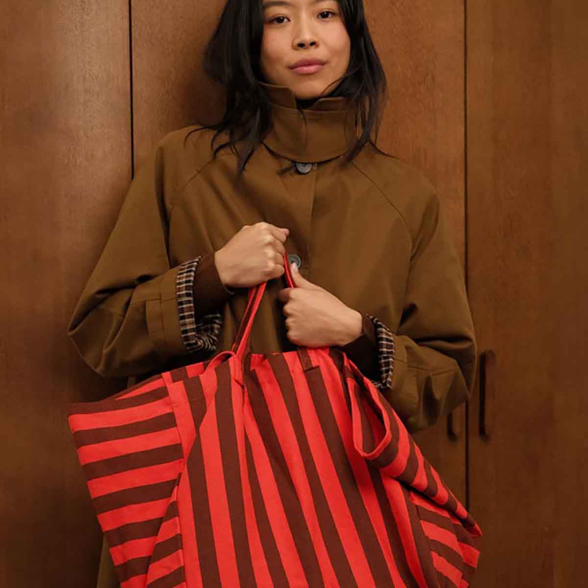 ELISA TOTE BAG STRIPES BROWN / TOMATO