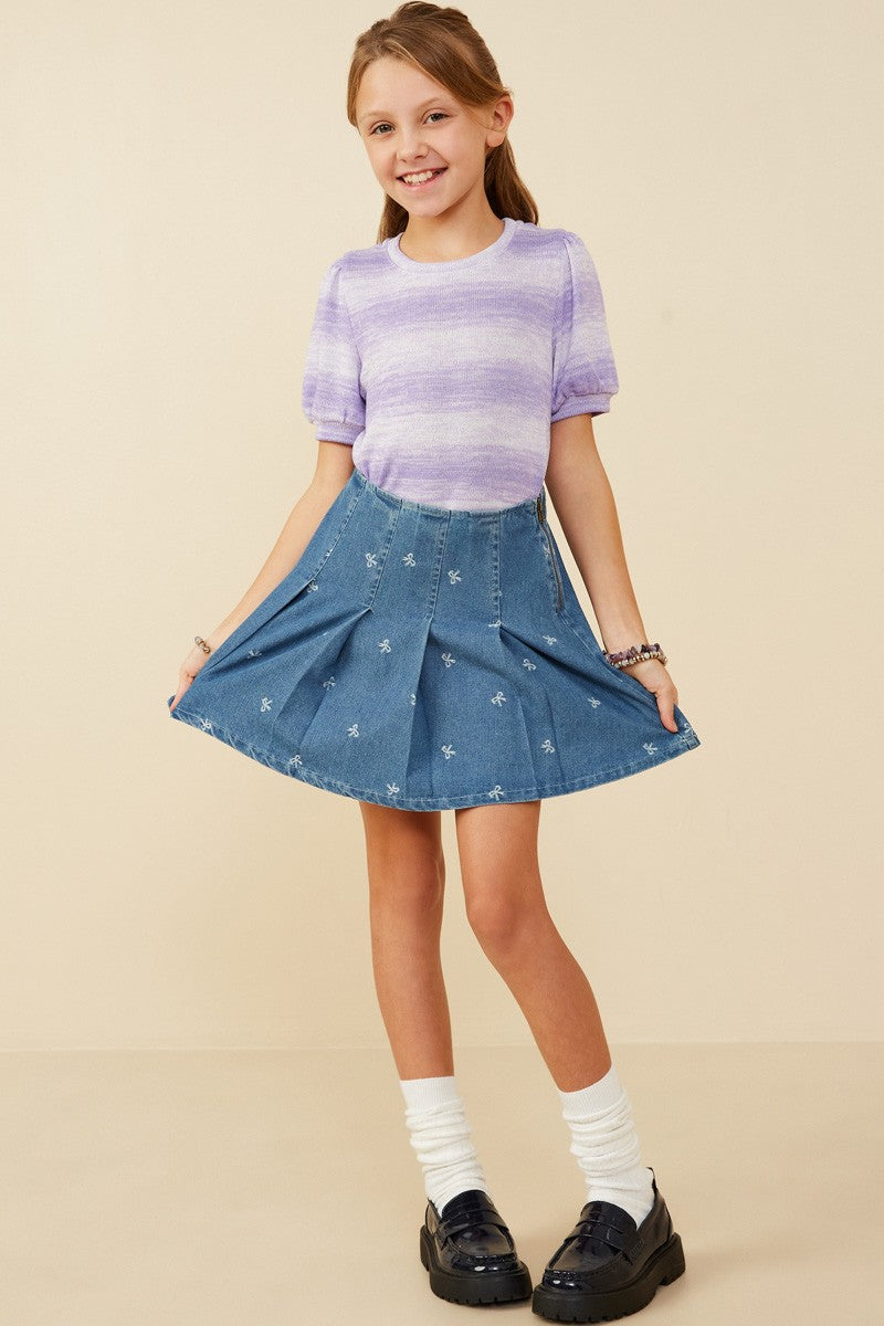 Girls Bow Printed Pleated Denim Skirt