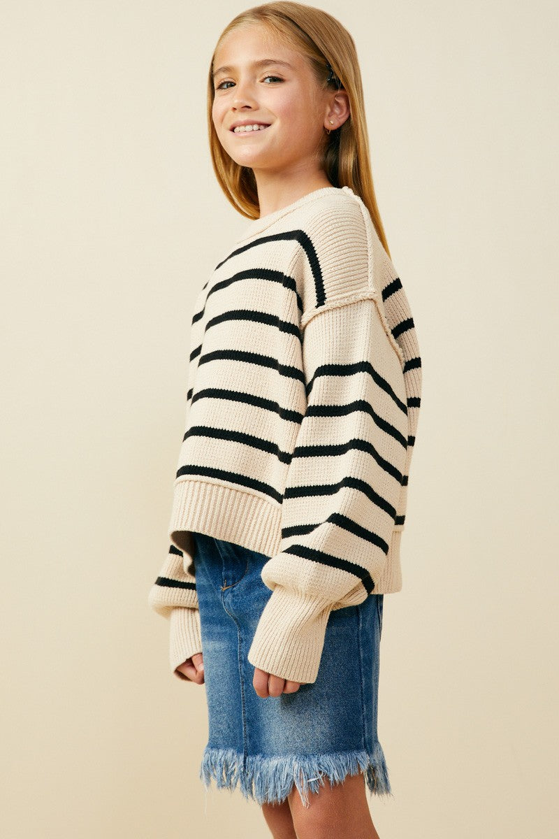 Girls Puff Sleeve Striped Sweater