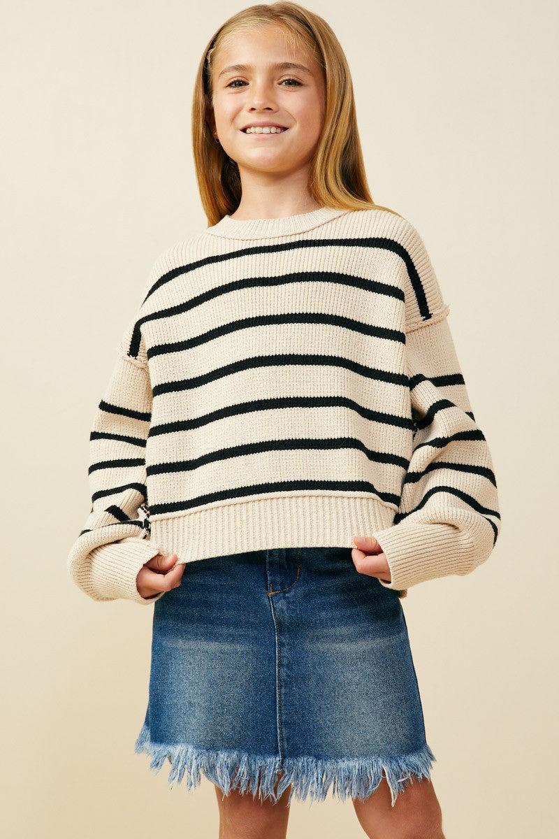 Girls Puff Sleeve Striped Sweater