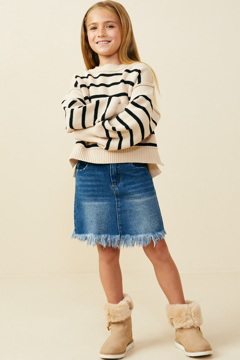 Girls Puff Sleeve Striped Sweater