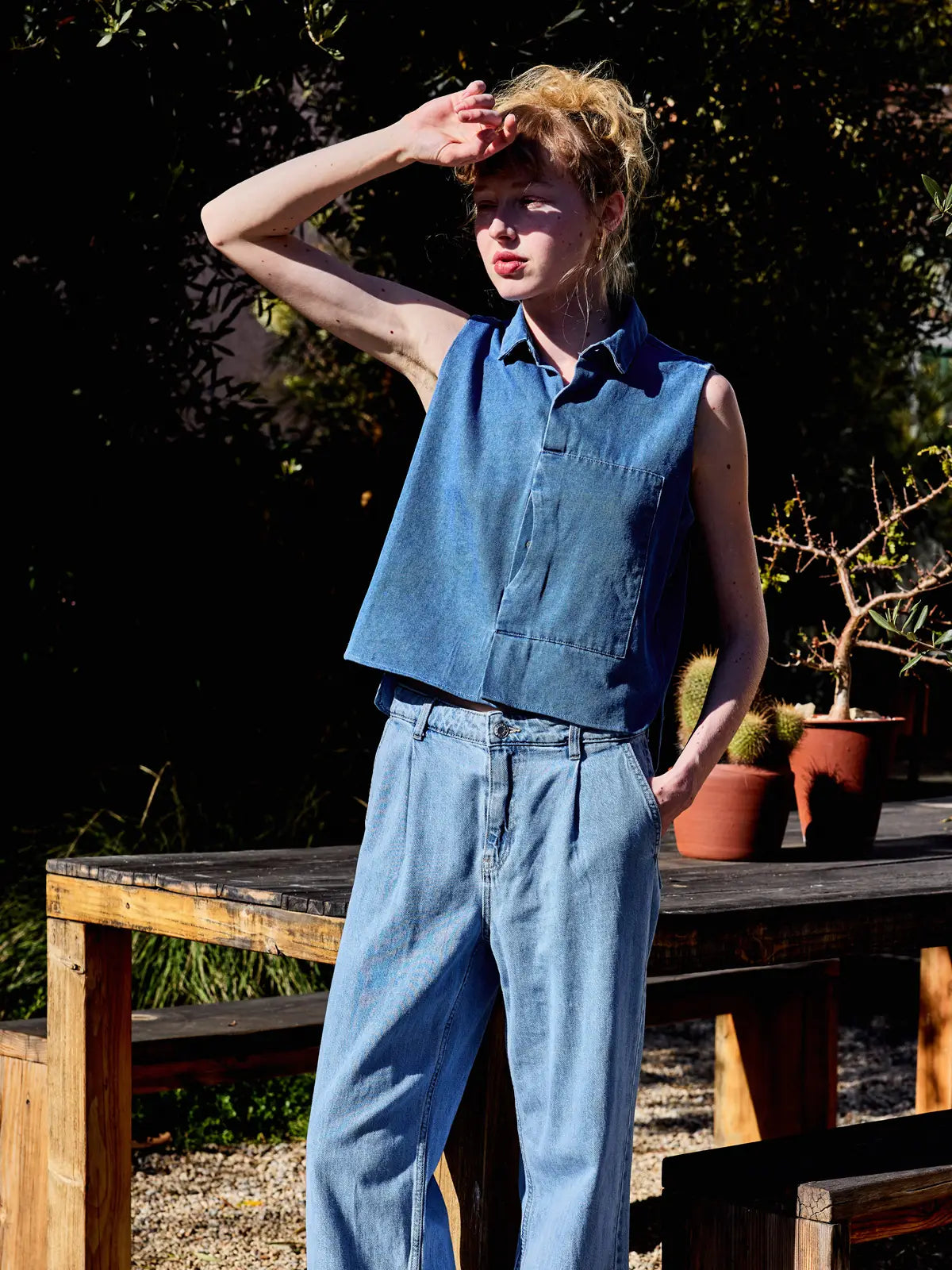 Collared Button Down Sleeveless Denim Top
