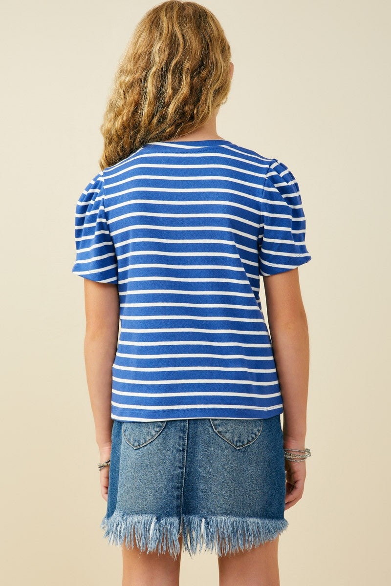 Pleated Puff Sleeve Stripe T Shirt