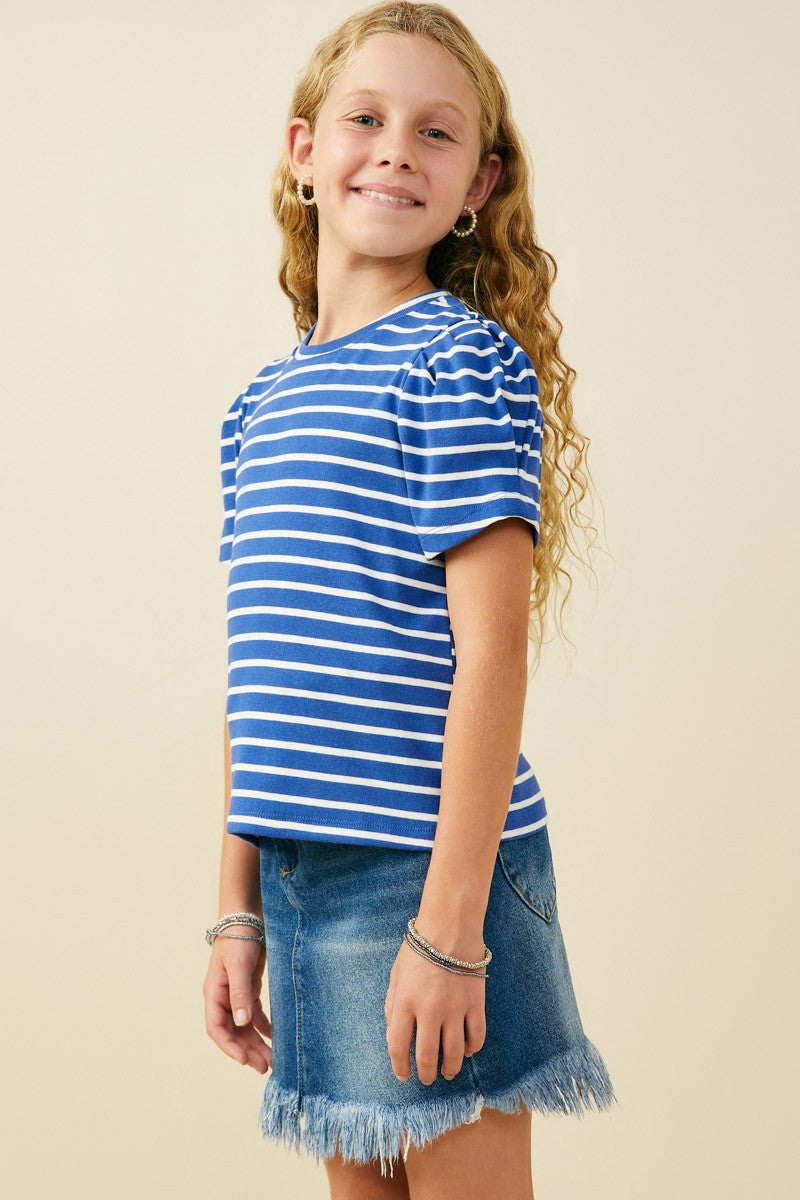 Pleated Puff Sleeve Stripe T Shirt