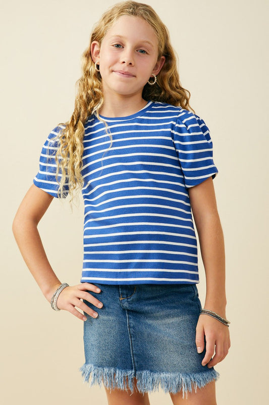 Pleated Puff Sleeve Stripe T Shirt