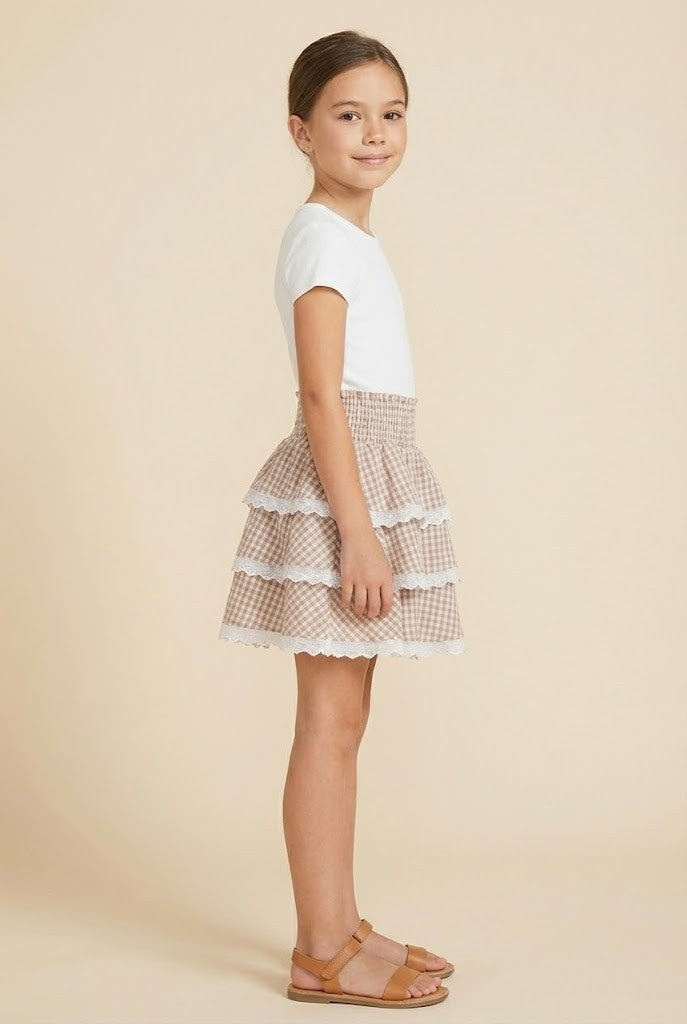 Girls Lace Trimmed Gingham Tiered Skirt