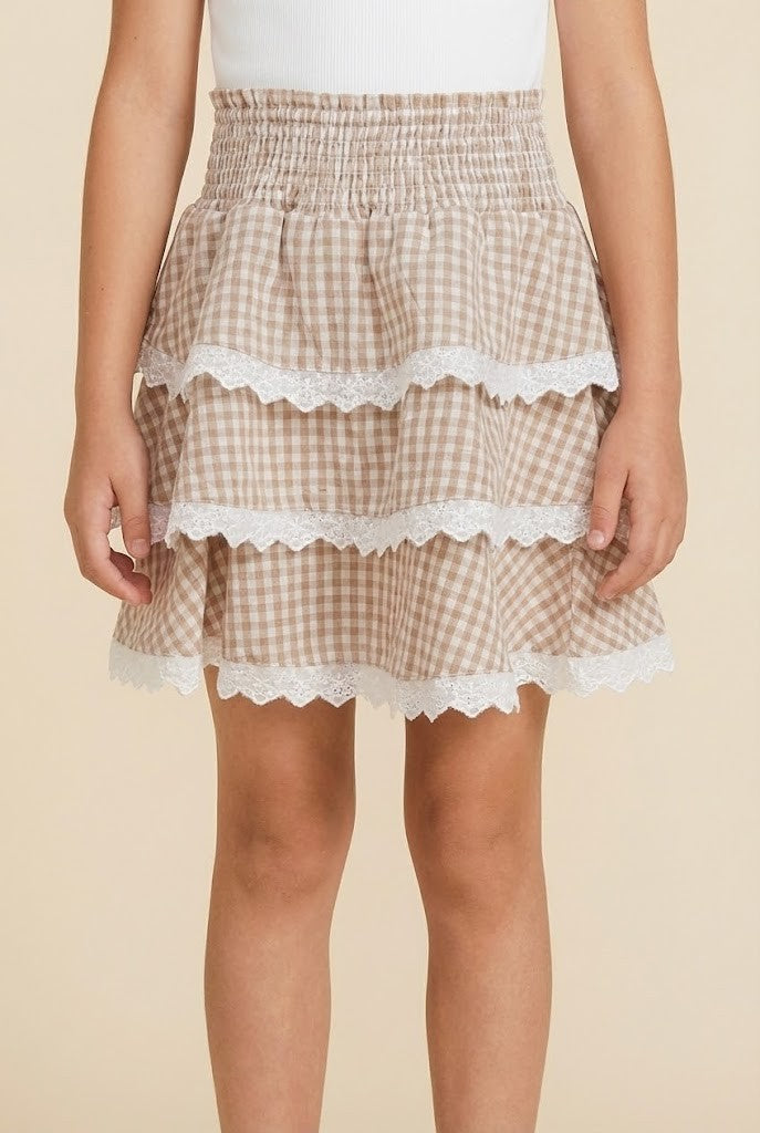 Girls Lace Trimmed Gingham Tiered Skirt