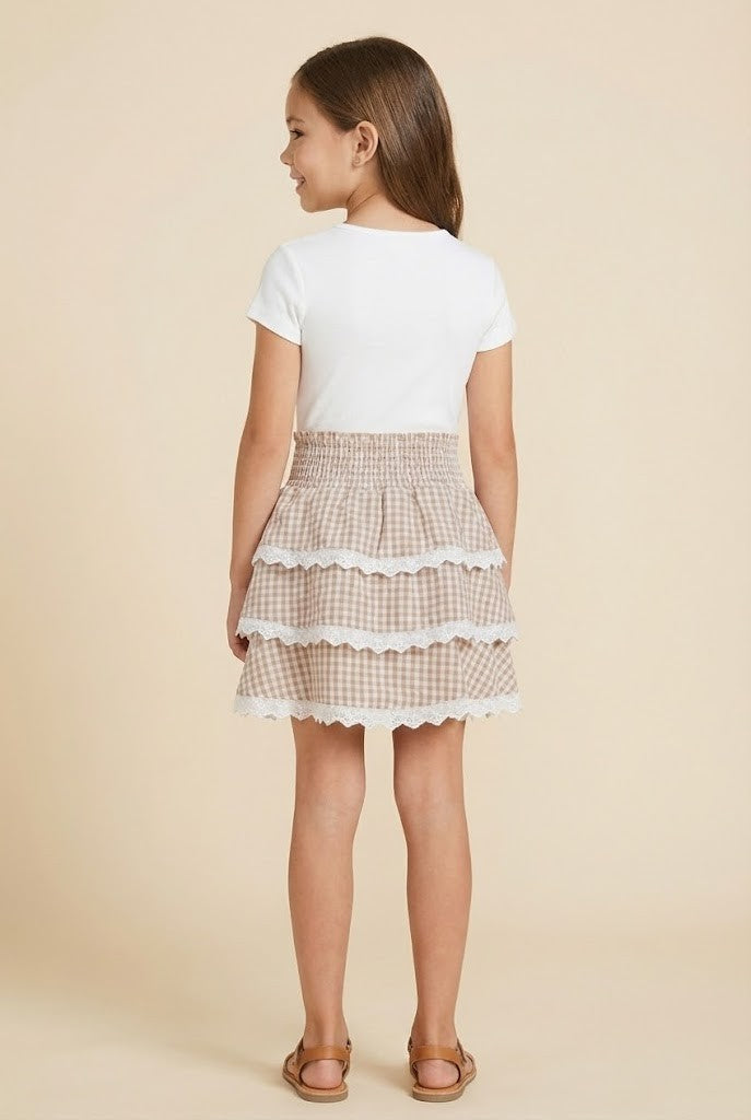 Girls Lace Trimmed Gingham Tiered Skirt