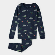 Load image into Gallery viewer, Holiday Dinosaur Print on Navy PJ Set
