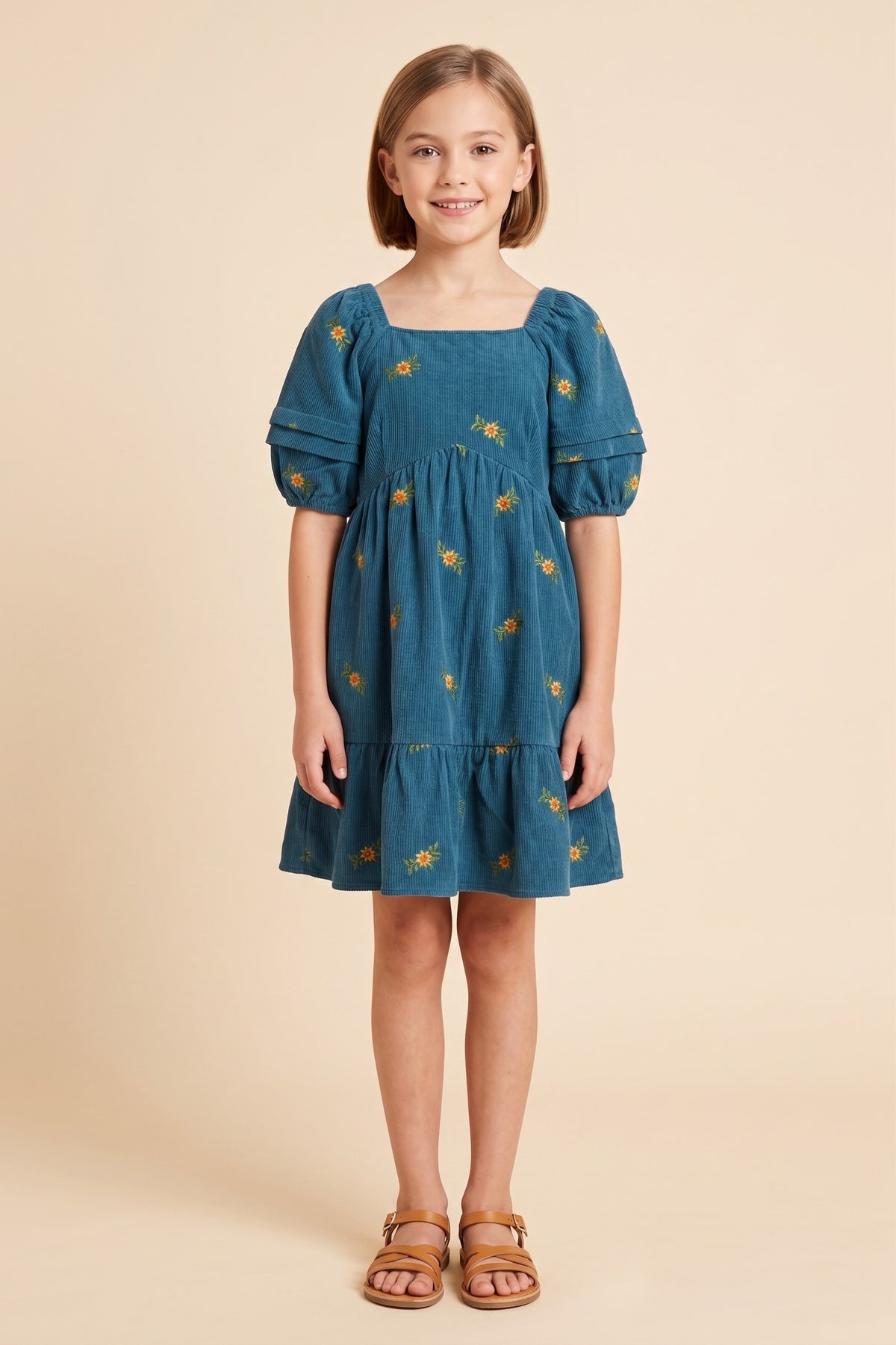 Floral Embroidered Corduroy Pleated Sleeve Dress
