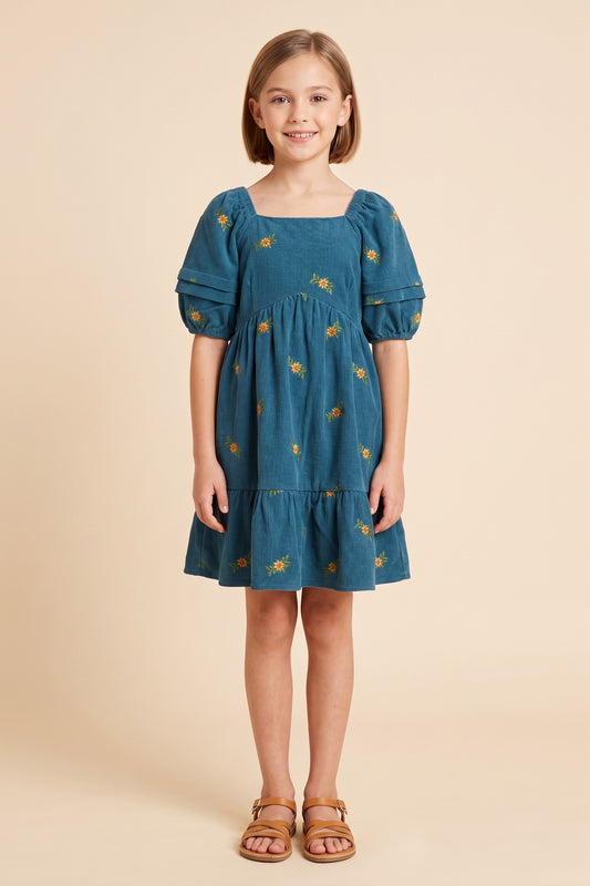 Floral Embroidered Corduroy Pleated Sleeve Dress