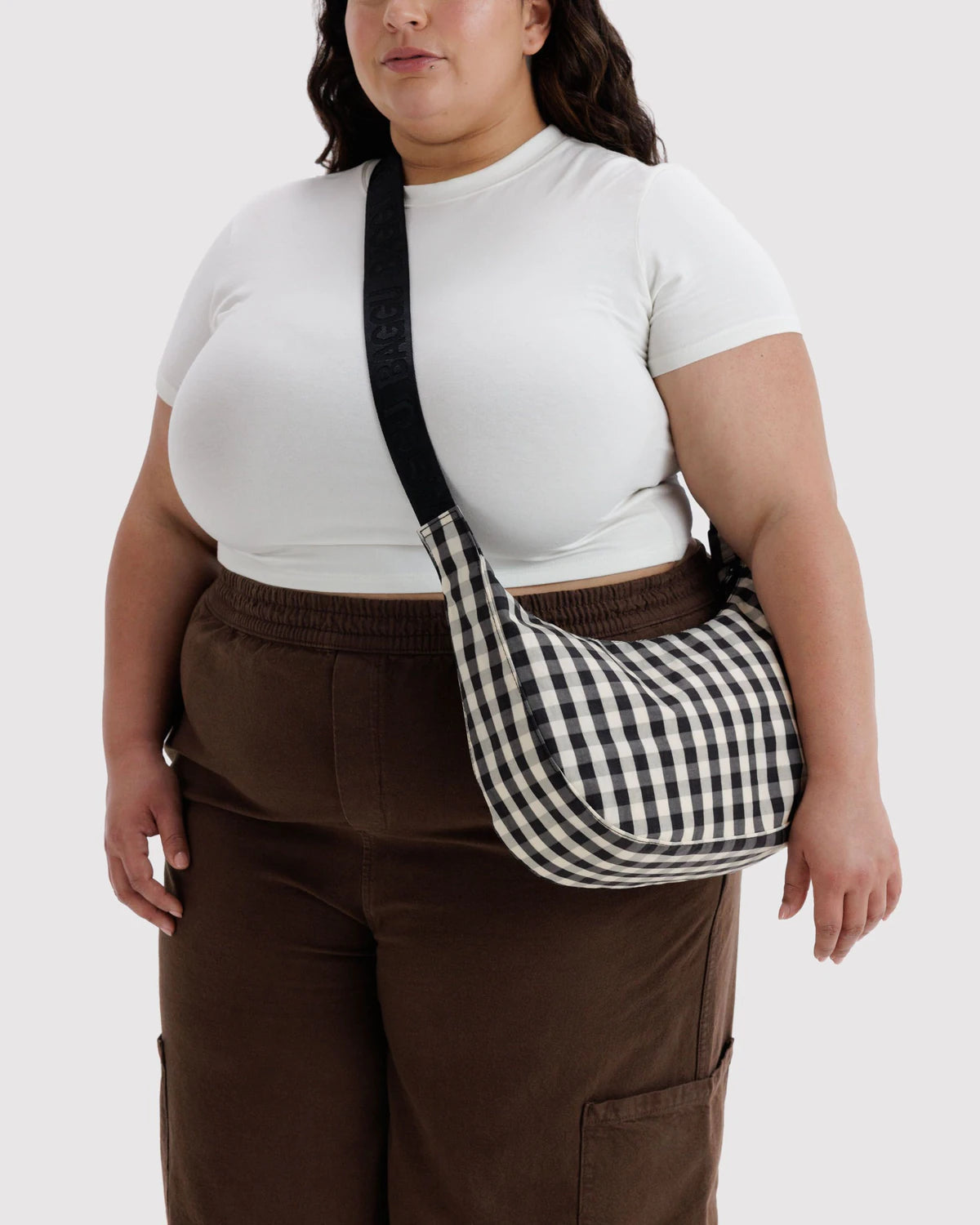 Medium Nylon Baggu Crescent Bag - Black and Cream Gingham