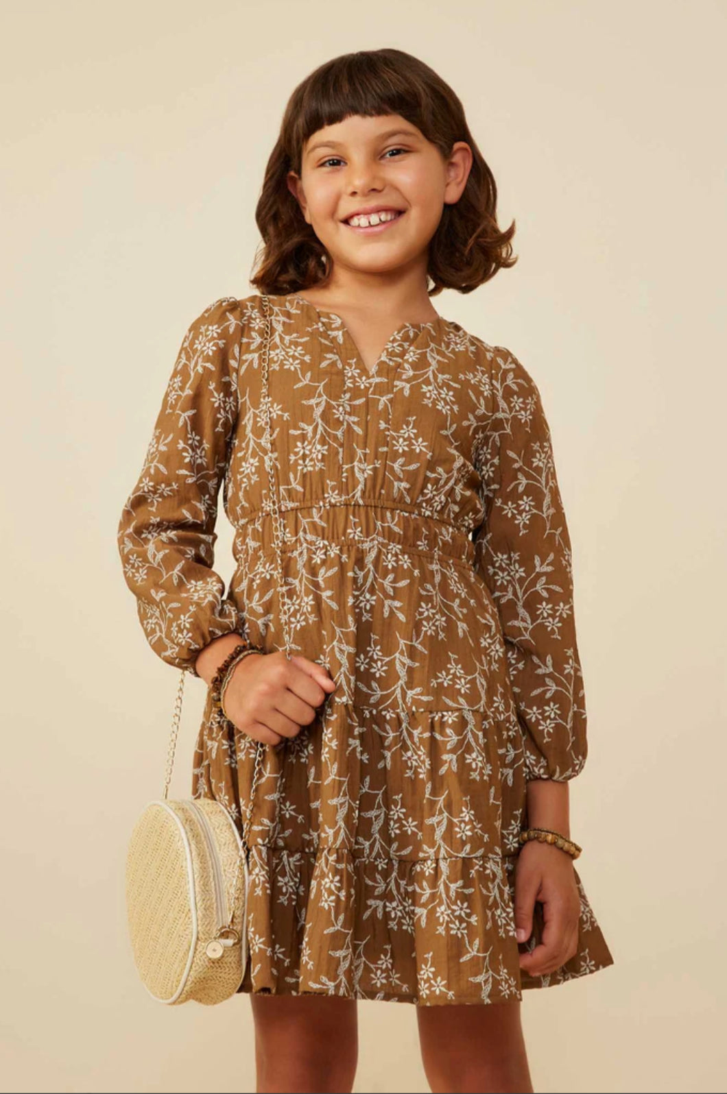 Notch Detail Long Sleeve Floral Dress