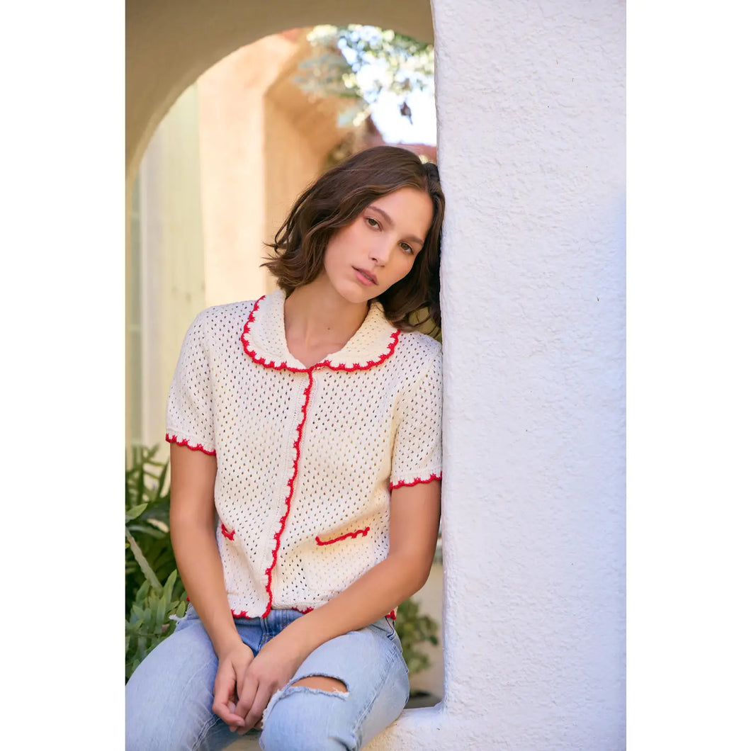 Contrast Scallop Cardigan - Red/Cream