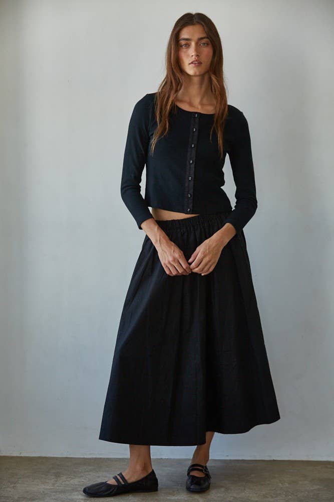 Cotton Elastic Waist Midi Skirt