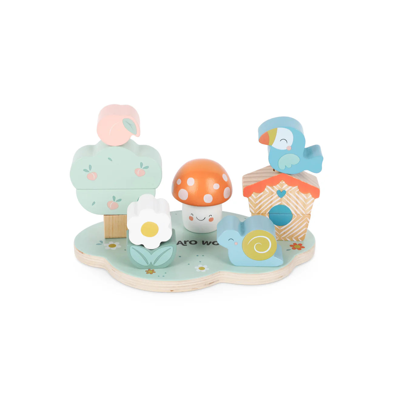 Set of colorful wooden toys including a mushroom, bird, and other elements on a white background