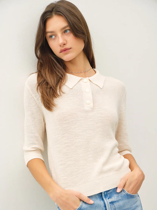 Collared Henley 1/2 Sleeve Sweater - Ivory