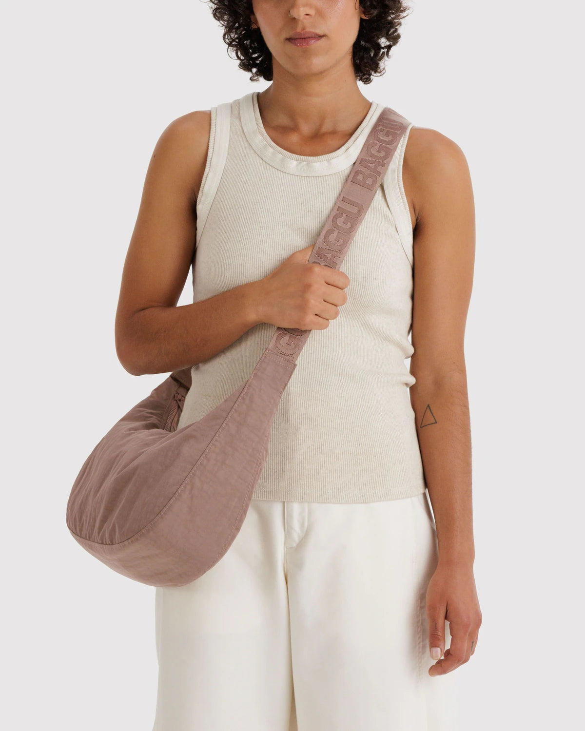 Medium Nylon Baggu Crescent Bag - Toasted Almond
