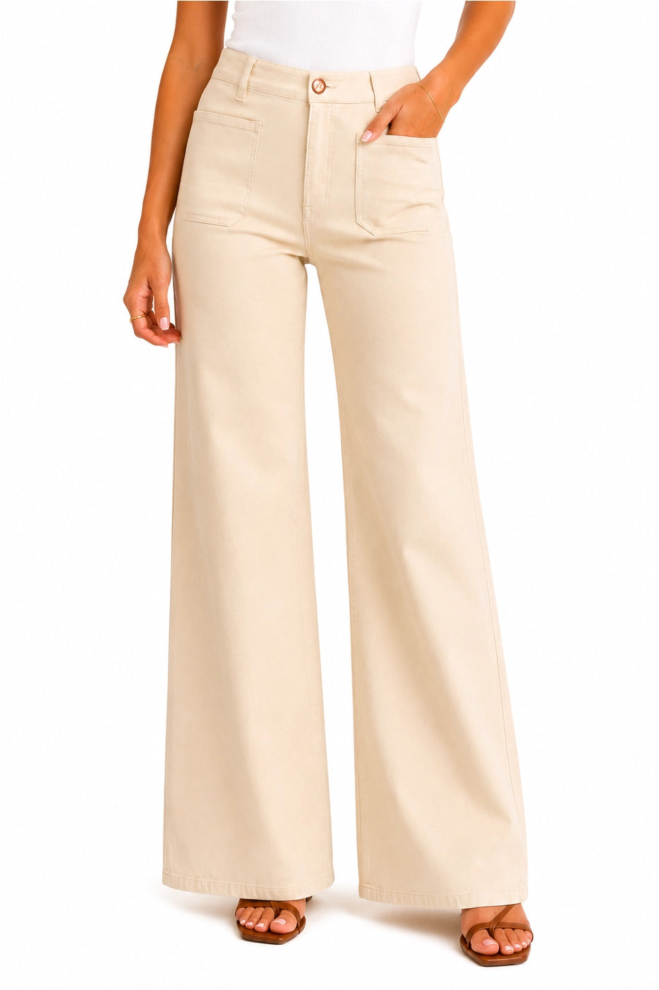 32" Luxe Wide Leg Jean w/ Patch Pockets - Ecru