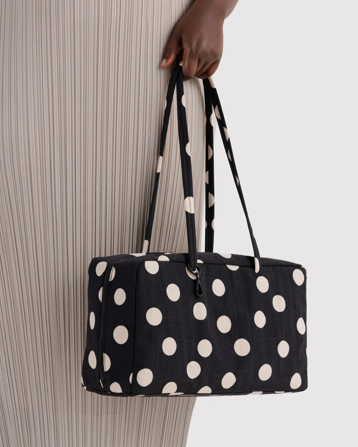 Medium Nylon Bowler Bag - Black and Cream Polk Dot