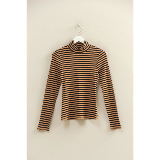 Striped Turtleneck Fitted Knit Top - Taupe