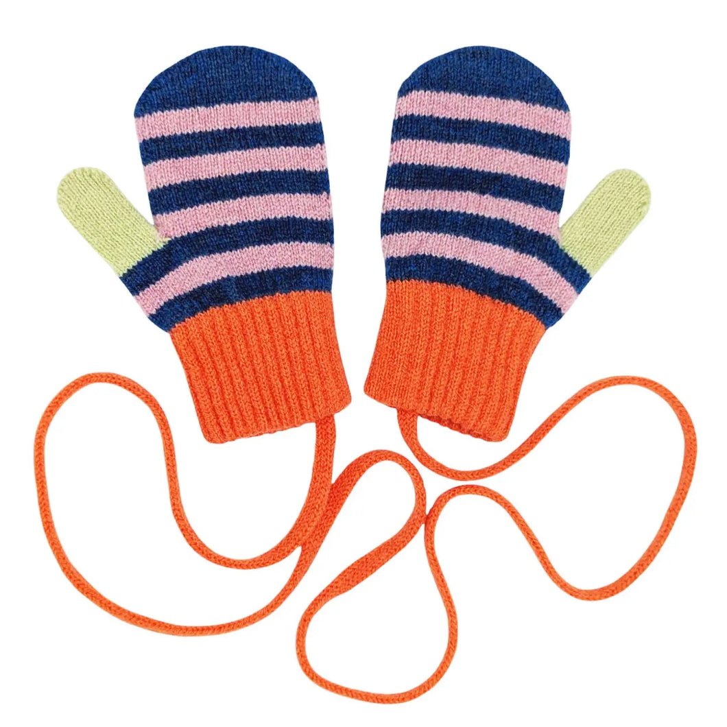 Kids' Patterned Lambswool Mittens - Blue Stripe